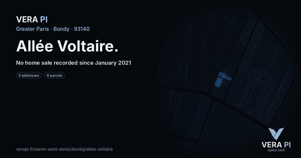 Allée Voltaire, Bondy at night – every parcel coloured by the prices around it, the street's own parcels lit