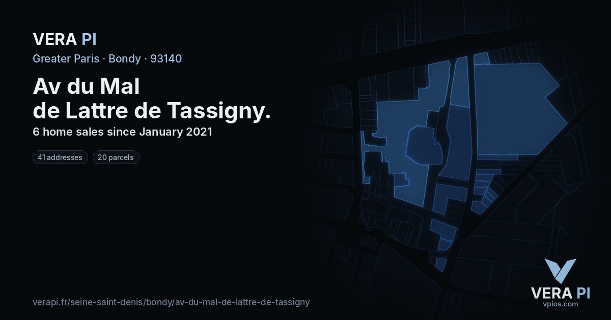 Av du Mal de Lattre de Tassigny, Bondy at night – every parcel coloured by the prices around it, the street's own parcels lit
