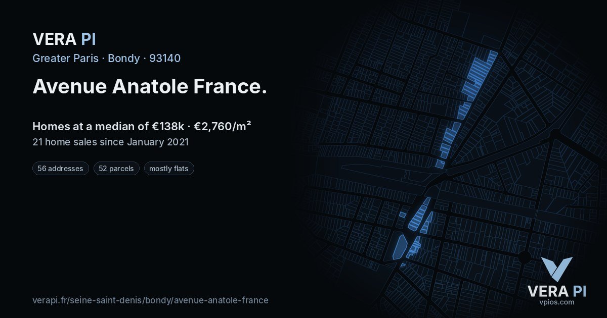 Avenue Anatole France, Bondy at night – every parcel coloured by the prices around it, the street's own parcels lit