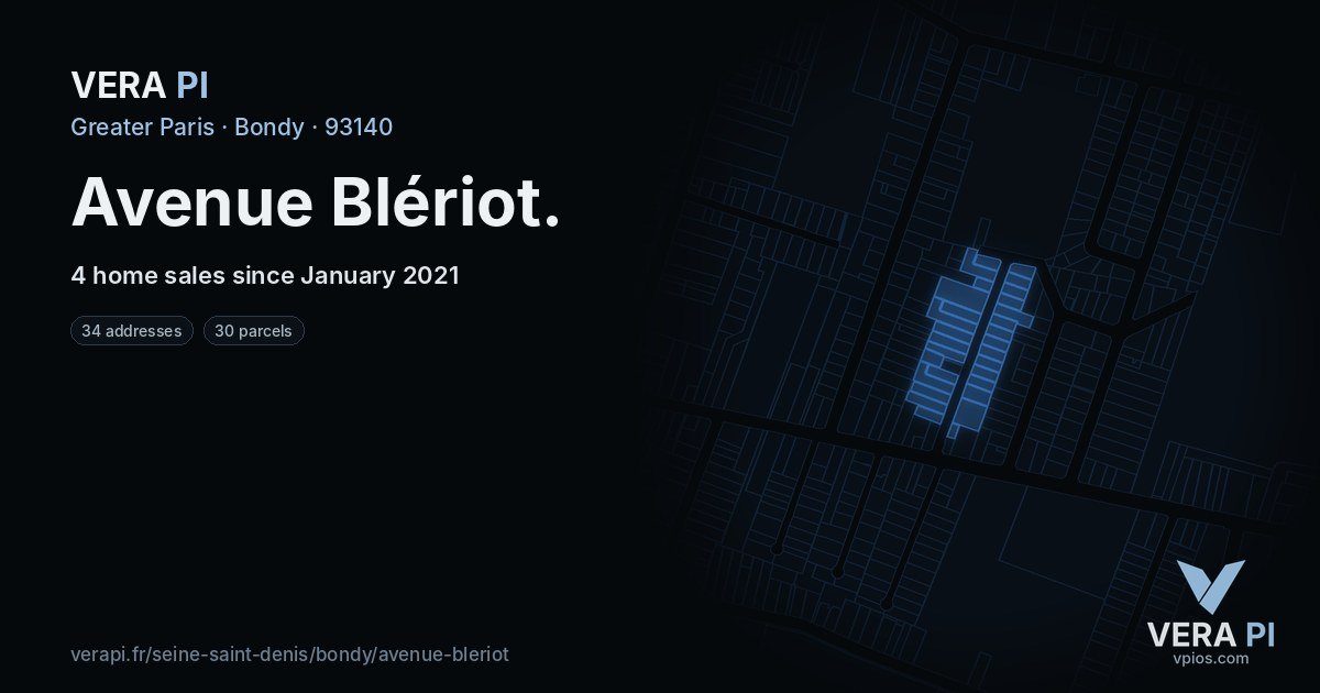 Avenue Blériot, Bondy at night – every parcel coloured by the prices around it, the street's own parcels lit