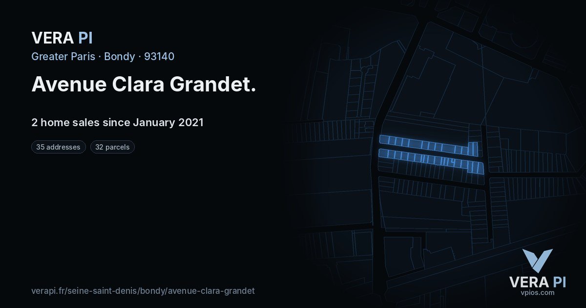 Avenue Clara Grandet, Bondy at night – every parcel coloured by the prices around it, the street's own parcels lit