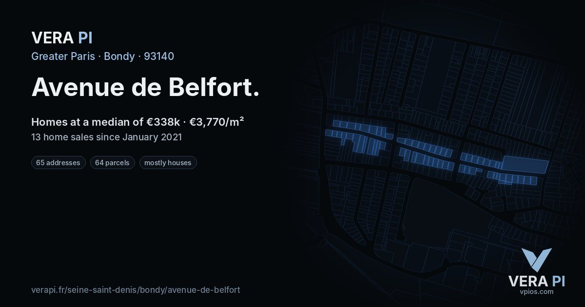 Avenue de Belfort, Bondy at night – every parcel coloured by the prices around it, the street's own parcels lit