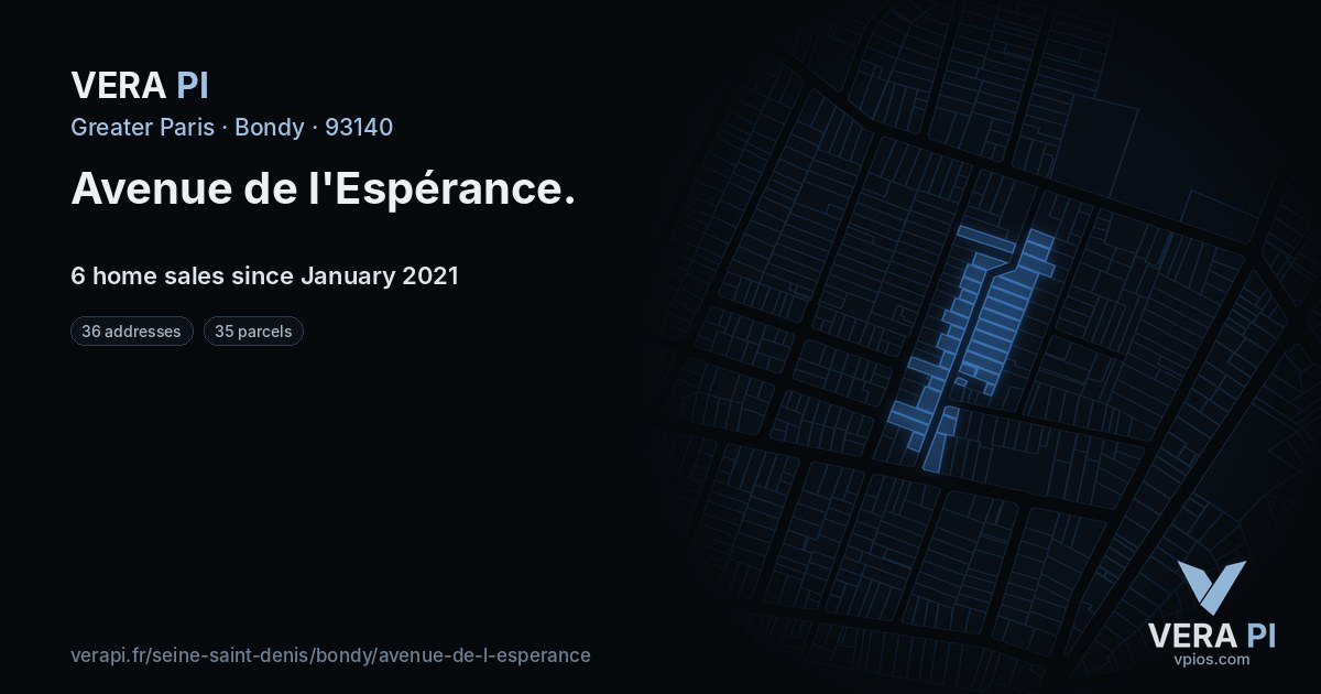 Avenue de l'Espérance, Bondy at night – every parcel coloured by the prices around it, the street's own parcels lit