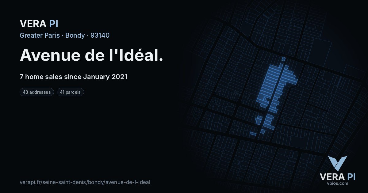 Avenue de l'Idéal, Bondy at night – every parcel coloured by the prices around it, the street's own parcels lit