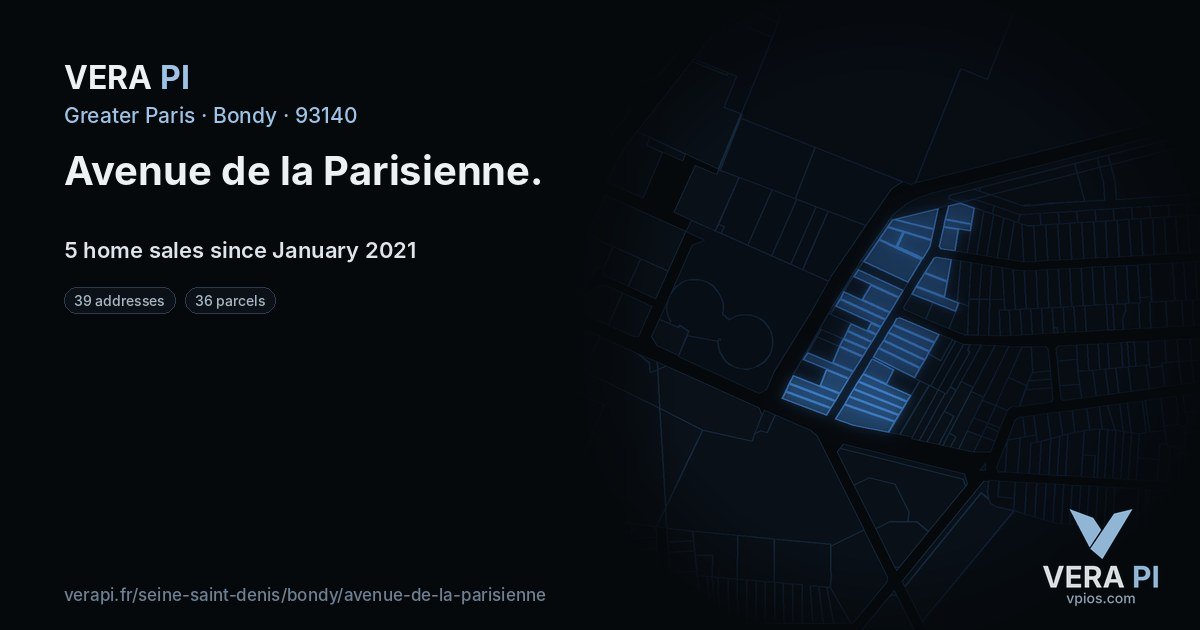 Avenue de la Parisienne, Bondy at night – every parcel coloured by the prices around it, the street's own parcels lit