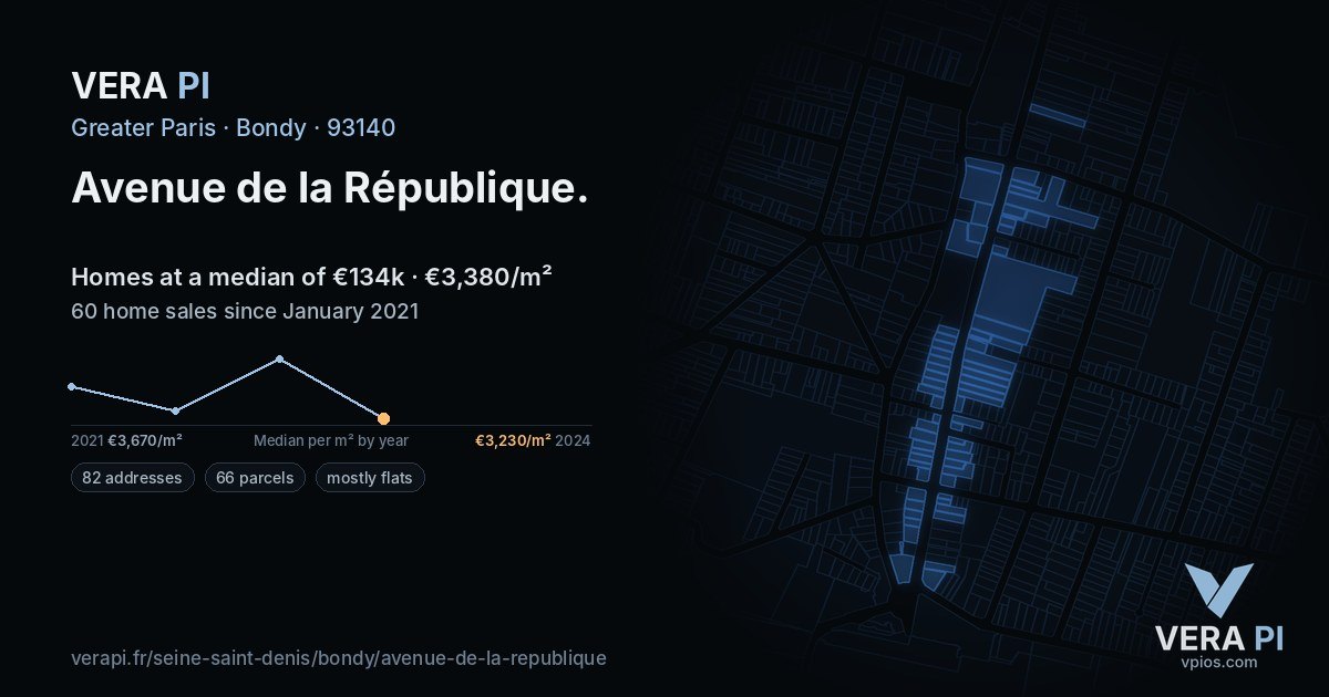Avenue de la République, Bondy at night – every parcel coloured by the prices around it, the street's own parcels lit