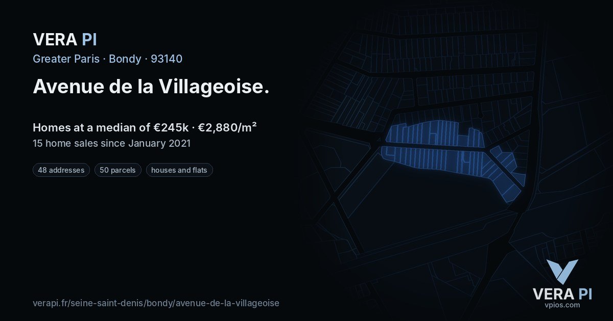 Avenue de la Villageoise, Bondy at night – every parcel coloured by the prices around it, the street's own parcels lit
