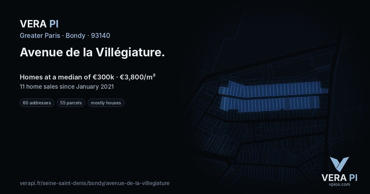 Avenue de la Villégiature, Bondy at night – every parcel coloured by the prices around it, the street's own parcels lit