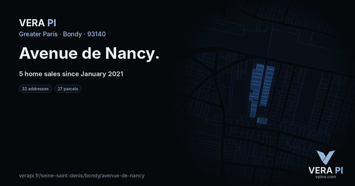 Avenue de Nancy, Bondy at night – every parcel coloured by the prices around it, the street's own parcels lit