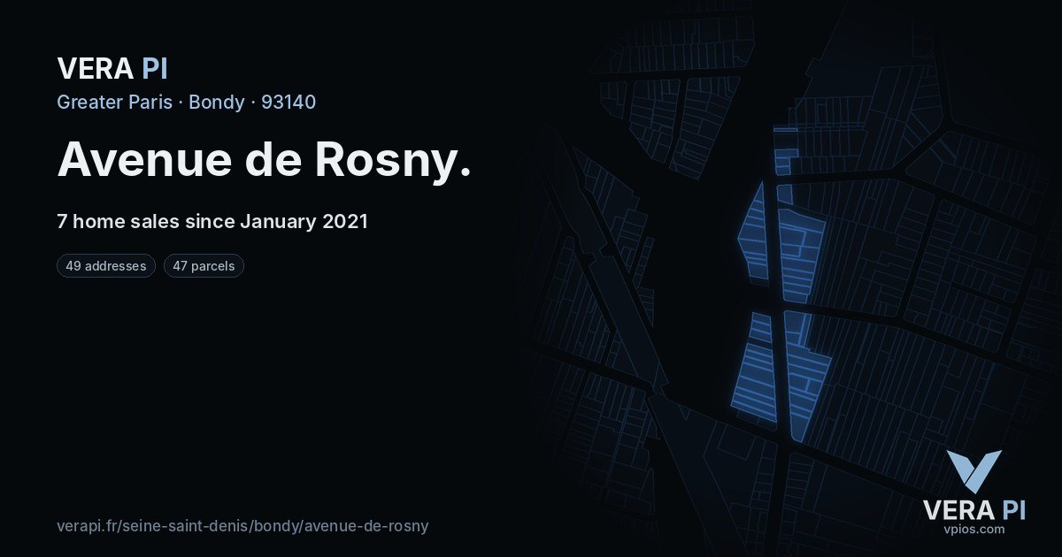 Avenue de Rosny, Bondy at night – every parcel coloured by the prices around it, the street's own parcels lit