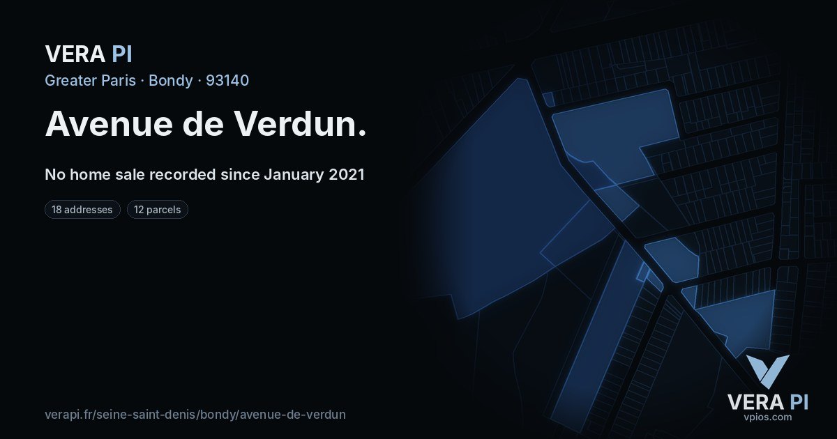 Avenue de Verdun, Bondy at night – every parcel coloured by the prices around it, the street's own parcels lit