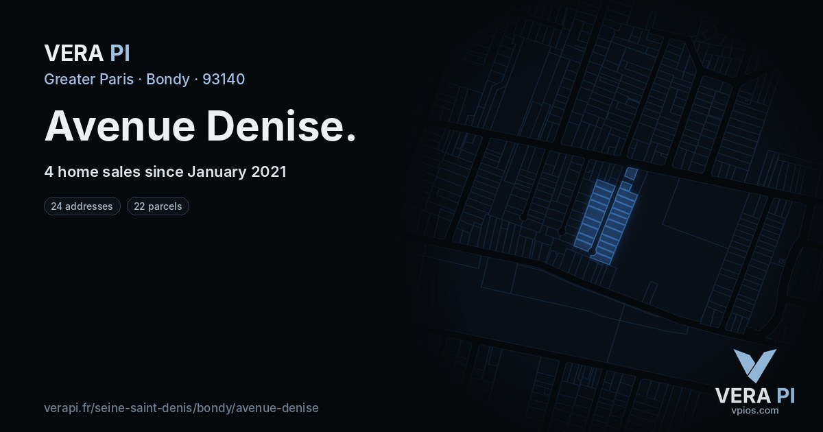 Avenue Denise, Bondy at night – every parcel coloured by the prices around it, the street's own parcels lit