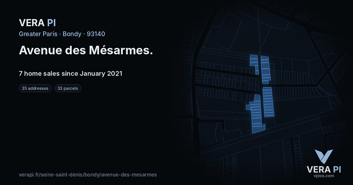 Avenue des Mésarmes, Bondy at night – every parcel coloured by the prices around it, the street's own parcels lit