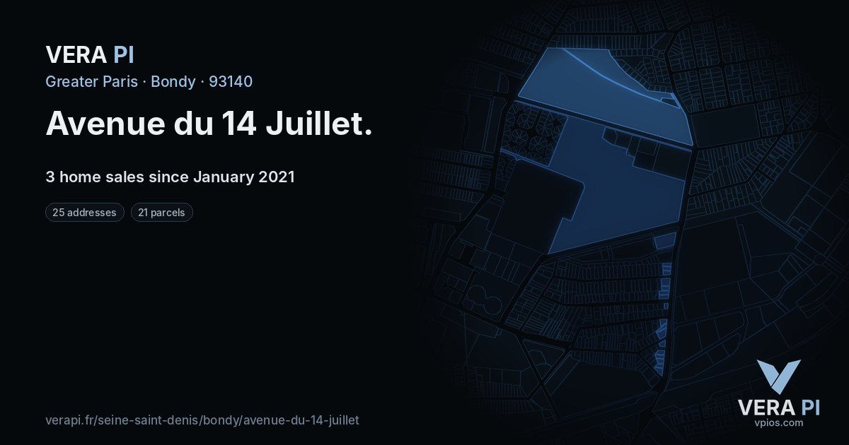 Avenue du 14 Juillet, Bondy at night – every parcel coloured by the prices around it, the street's own parcels lit