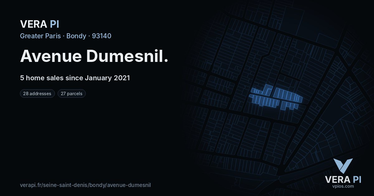 Avenue Dumesnil, Bondy at night – every parcel coloured by the prices around it, the street's own parcels lit