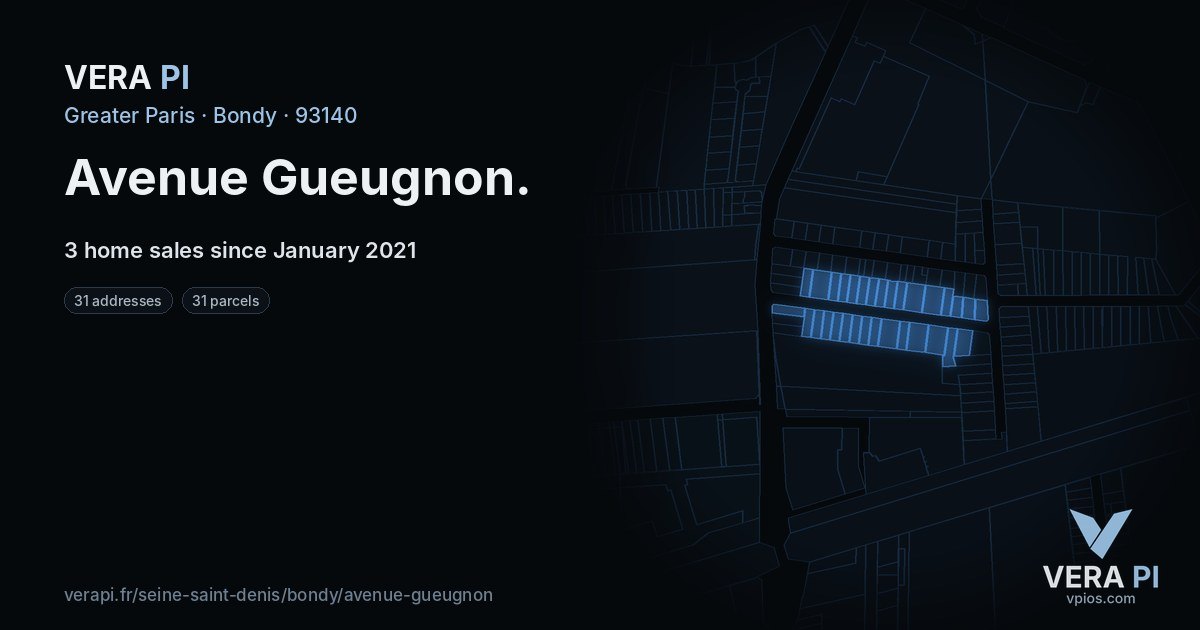Avenue Gueugnon, Bondy at night – every parcel coloured by the prices around it, the street's own parcels lit