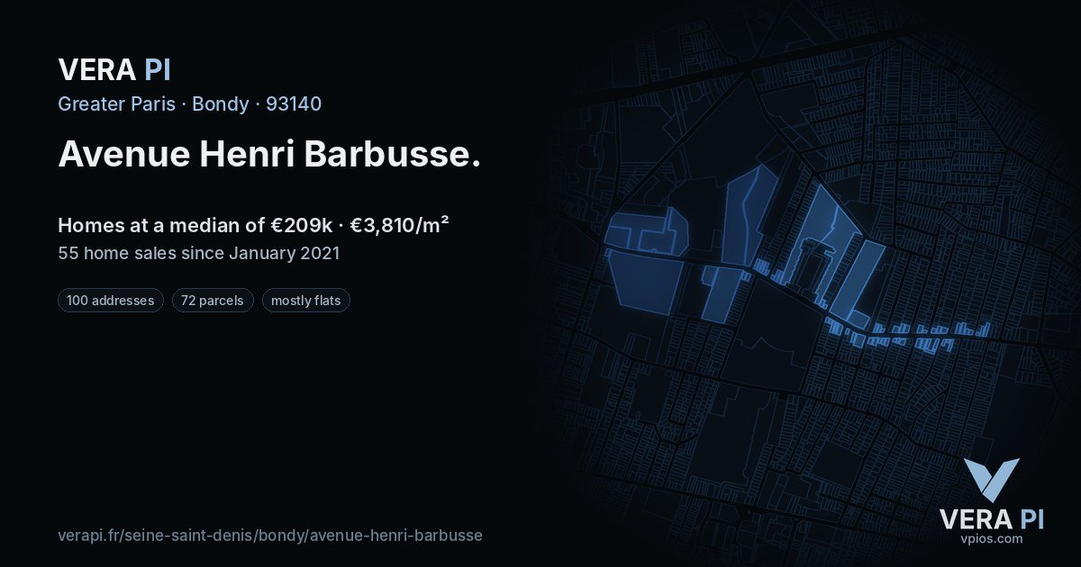Avenue Henri Barbusse, Bondy at night – every parcel coloured by the prices around it, the street's own parcels lit