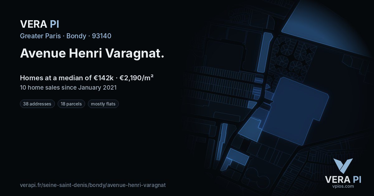 Avenue Henri Varagnat, Bondy at night – every parcel coloured by the prices around it, the street's own parcels lit