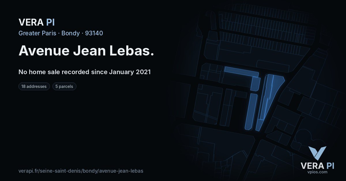 Avenue Jean Lebas, Bondy at night – every parcel coloured by the prices around it, the street's own parcels lit