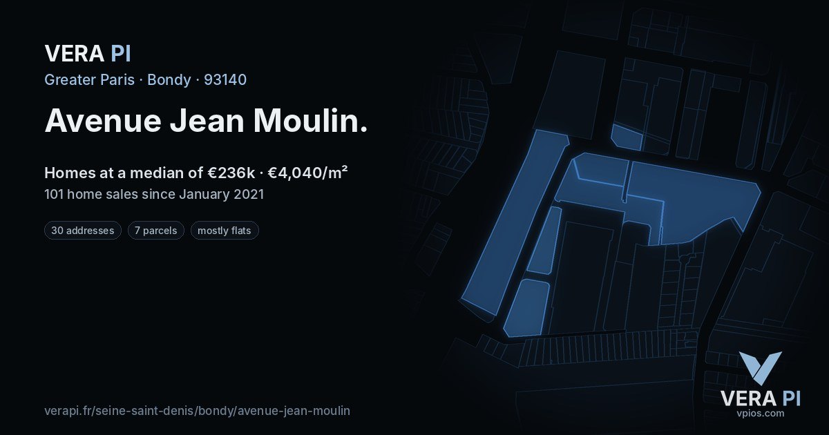 Avenue Jean Moulin, Bondy at night – every parcel coloured by the prices around it, the street's own parcels lit