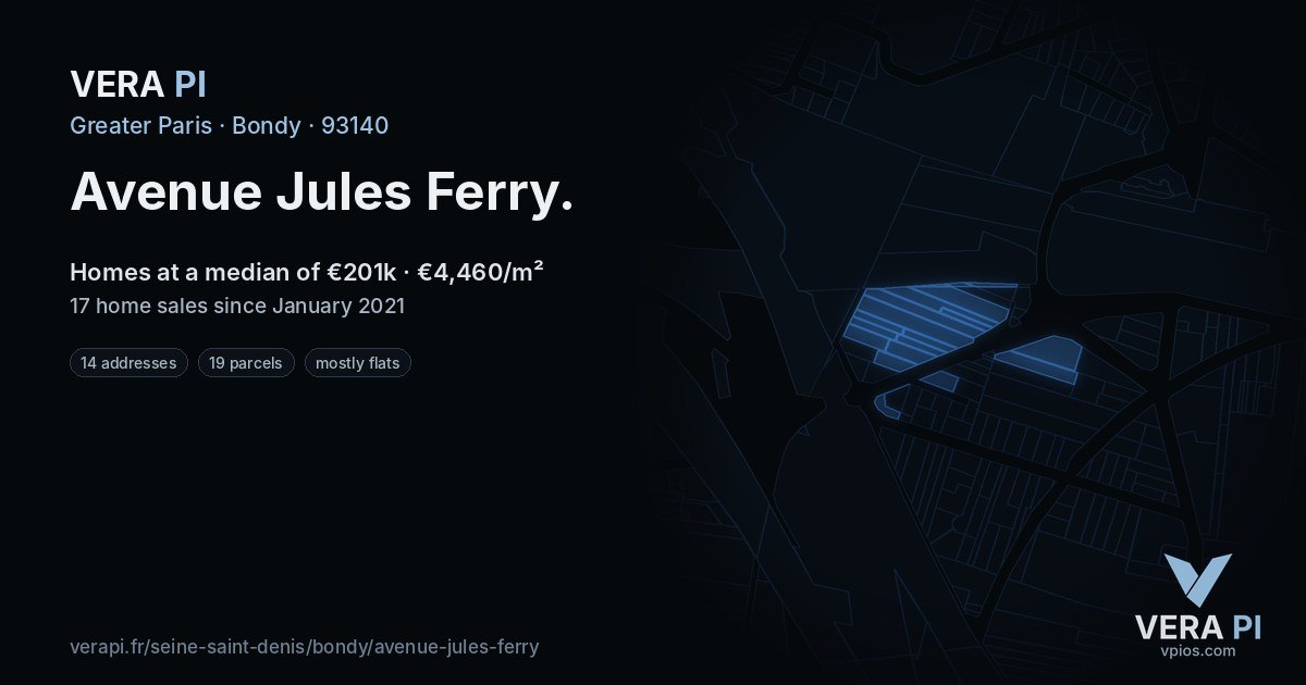 Avenue Jules Ferry, Bondy at night – every parcel coloured by the prices around it, the street's own parcels lit