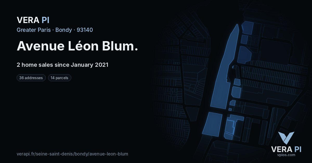 Avenue Léon Blum, Bondy at night – every parcel coloured by the prices around it, the street's own parcels lit