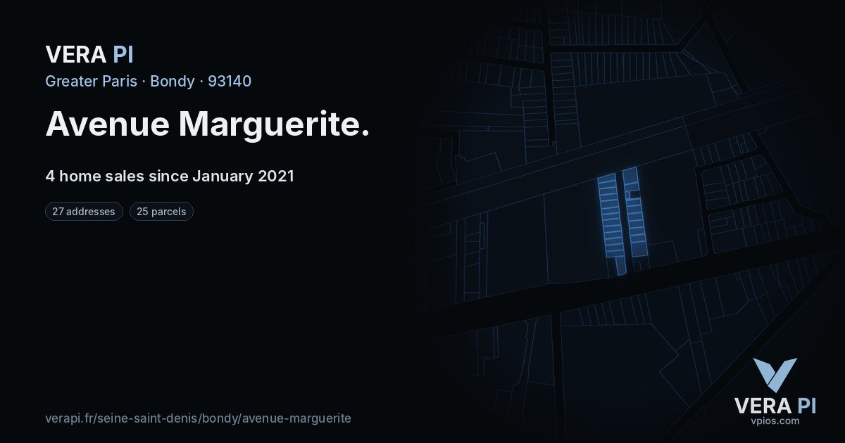 Avenue Marguerite, Bondy at night – every parcel coloured by the prices around it, the street's own parcels lit