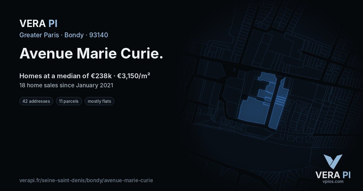 Avenue Marie Curie, Bondy at night – every parcel coloured by the prices around it, the street's own parcels lit