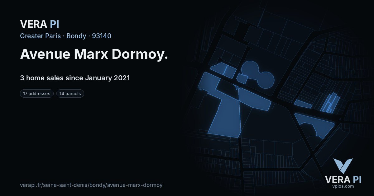 Avenue Marx Dormoy, Bondy at night – every parcel coloured by the prices around it, the street's own parcels lit