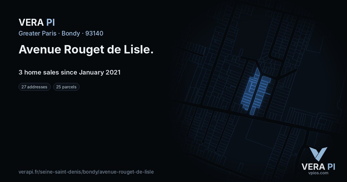 Avenue Rouget de Lisle, Bondy at night – every parcel coloured by the prices around it, the street's own parcels lit