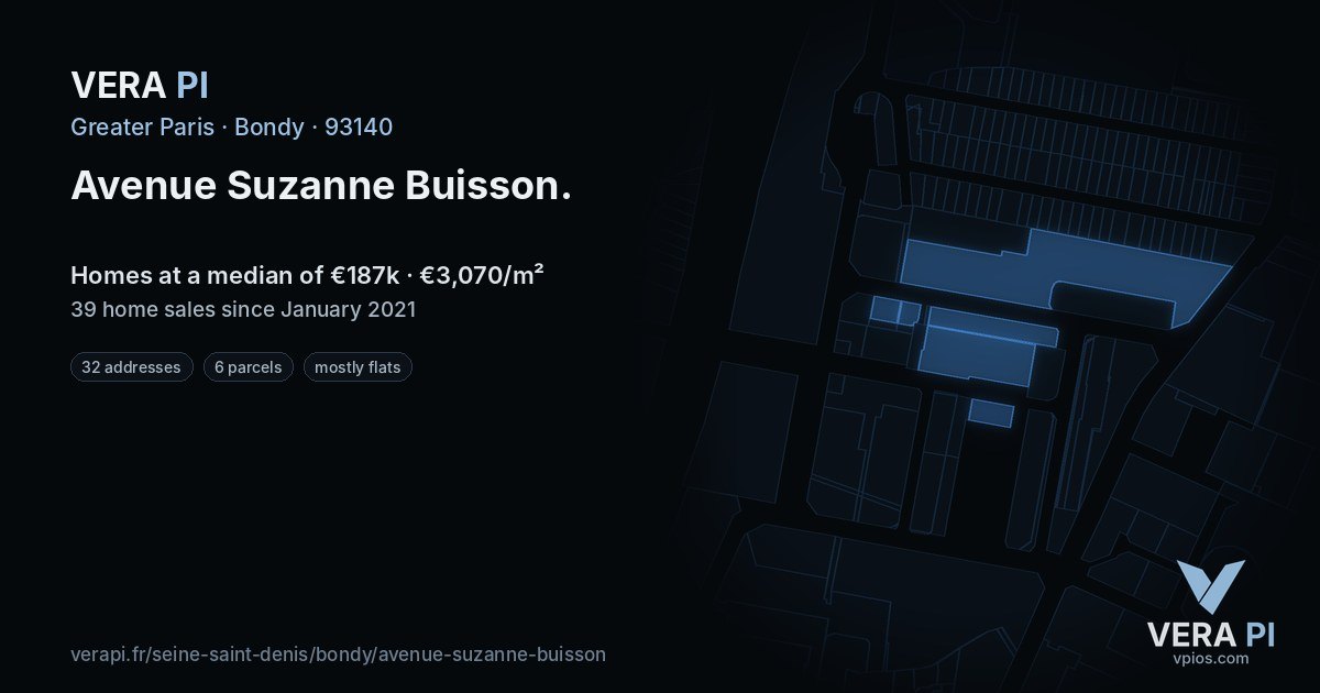 Avenue Suzanne Buisson, Bondy at night – every parcel coloured by the prices around it, the street's own parcels lit