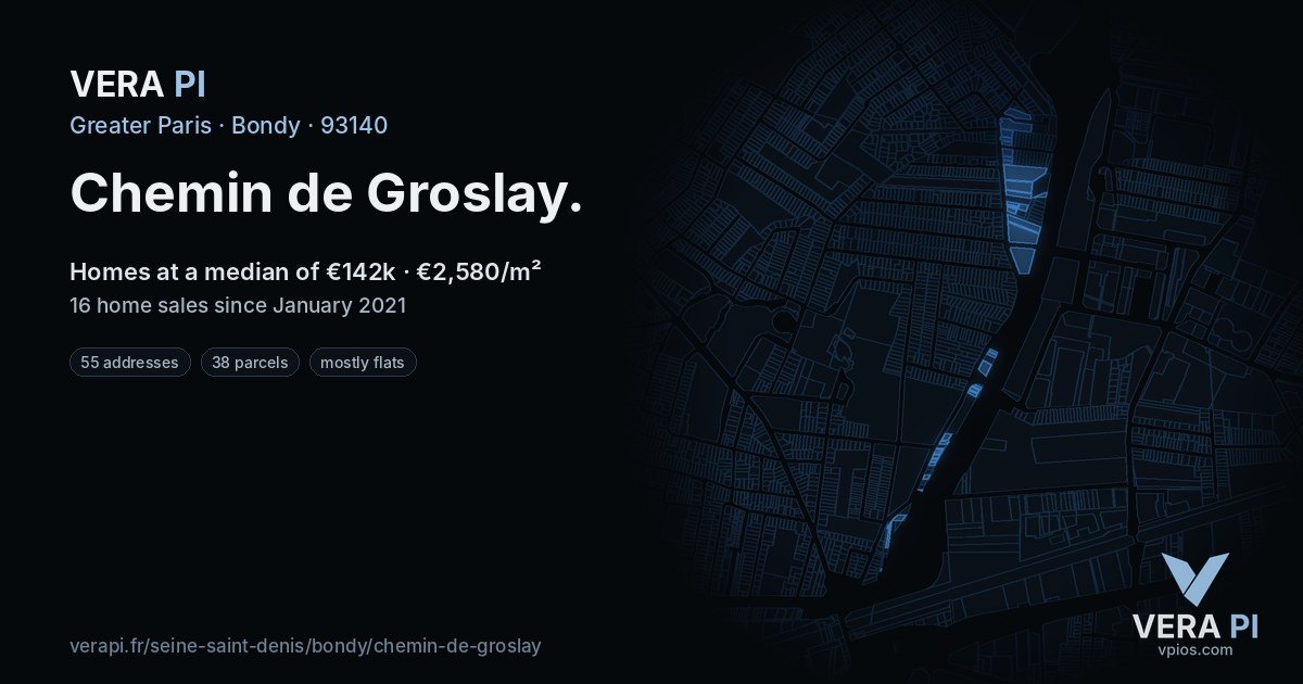 Chemin de Groslay, Bondy at night – every parcel coloured by the prices around it, the street's own parcels lit