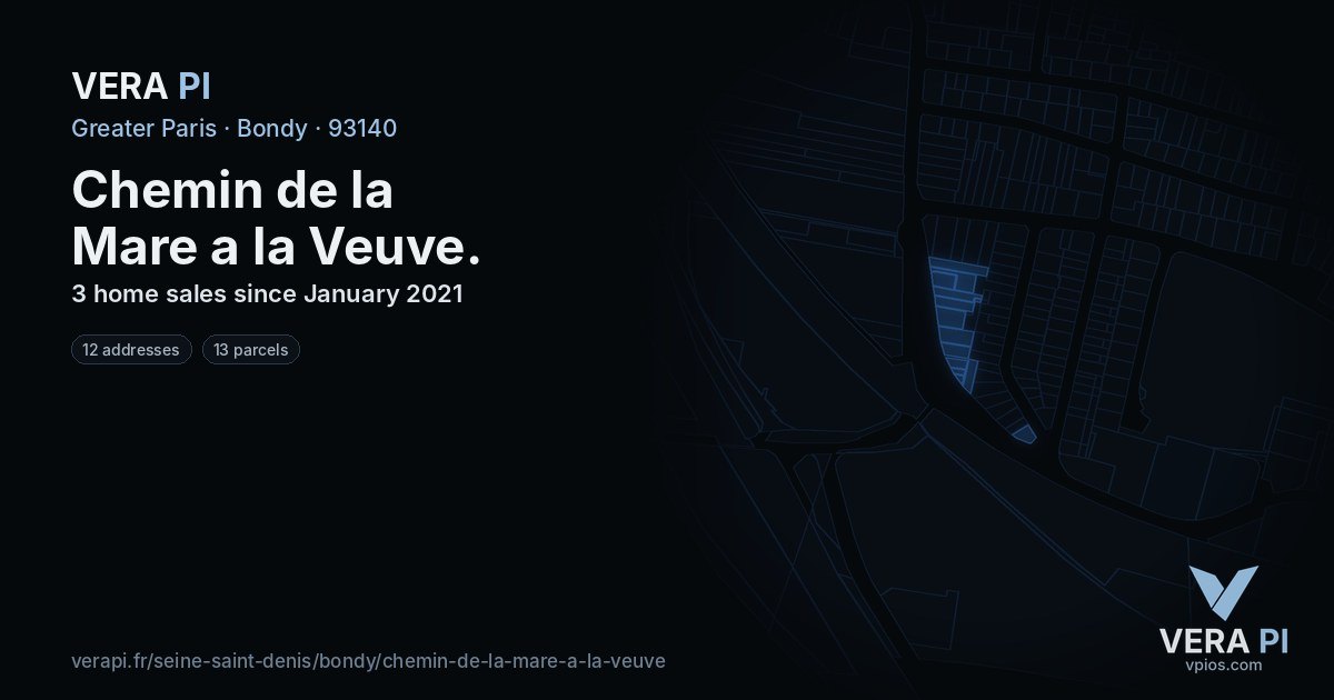 Chemin de la Mare a la Veuve, Bondy at night – every parcel coloured by the prices around it, the street's own parcels lit