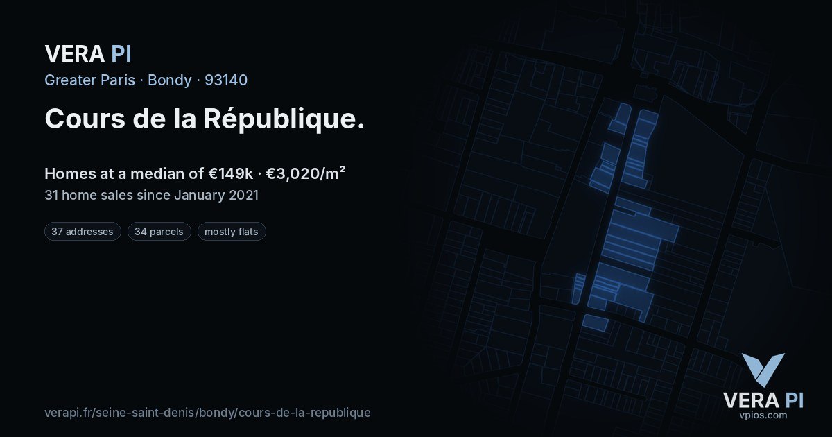 Cours de la République, Bondy at night – every parcel coloured by the prices around it, the street's own parcels lit
