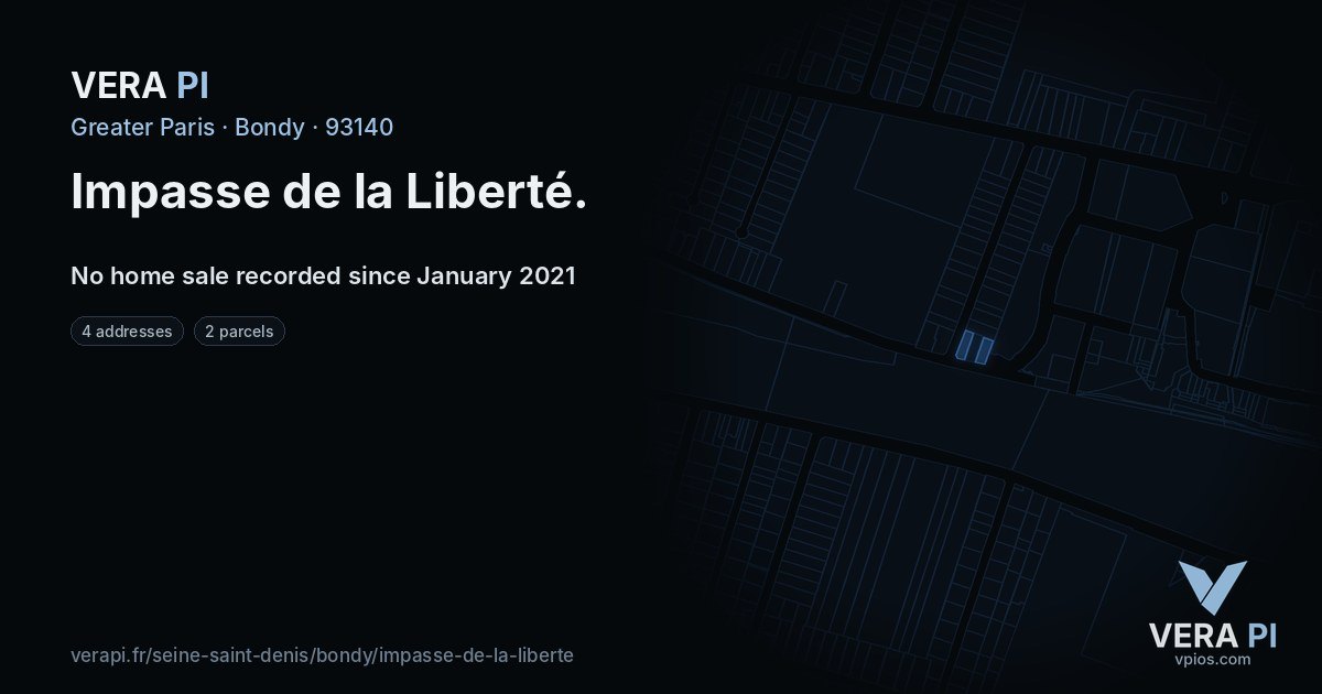 Impasse de la Liberté, Bondy at night – every parcel coloured by the prices around it, the street's own parcels lit