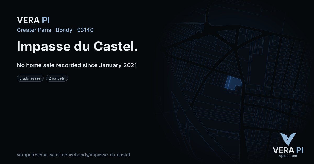 Impasse du Castel, Bondy at night – every parcel coloured by the prices around it, the street's own parcels lit