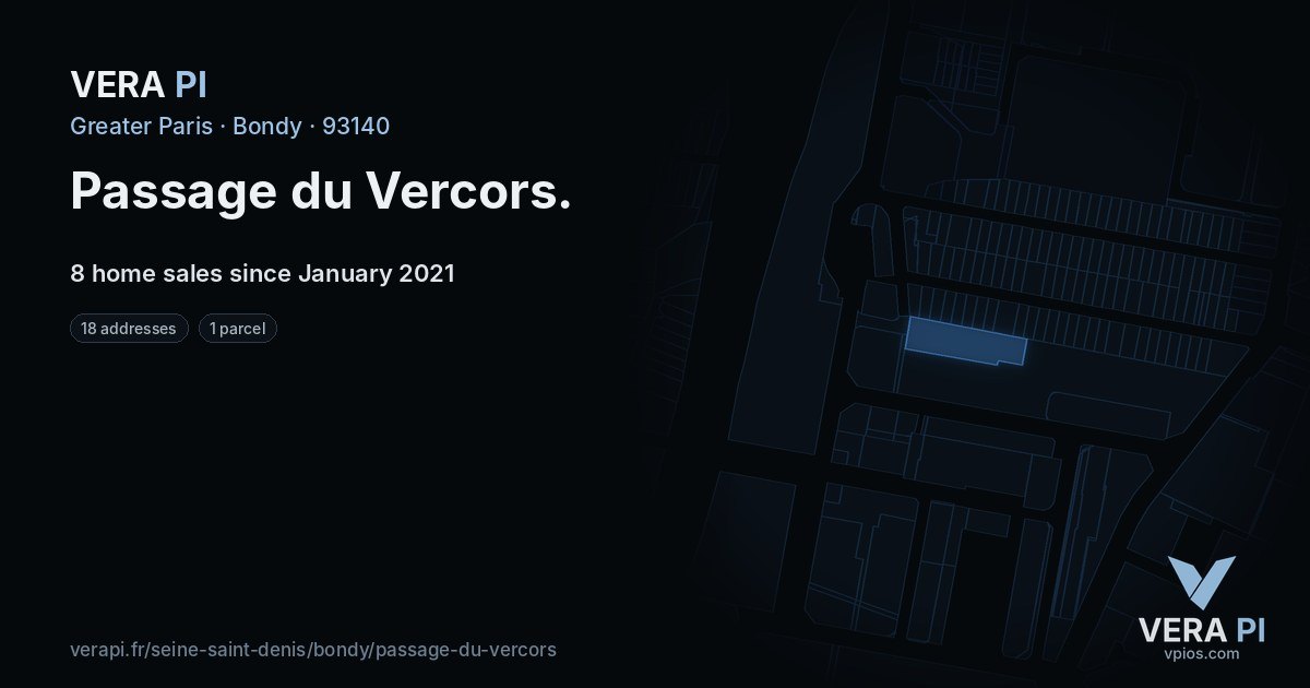 Passage du Vercors, Bondy at night – every parcel coloured by the prices around it, the street's own parcels lit