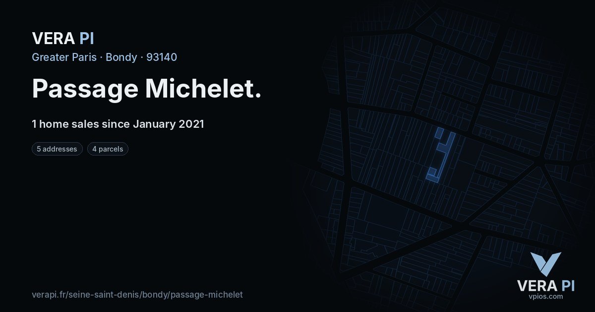 Passage Michelet, Bondy at night – every parcel coloured by the prices around it, the street's own parcels lit