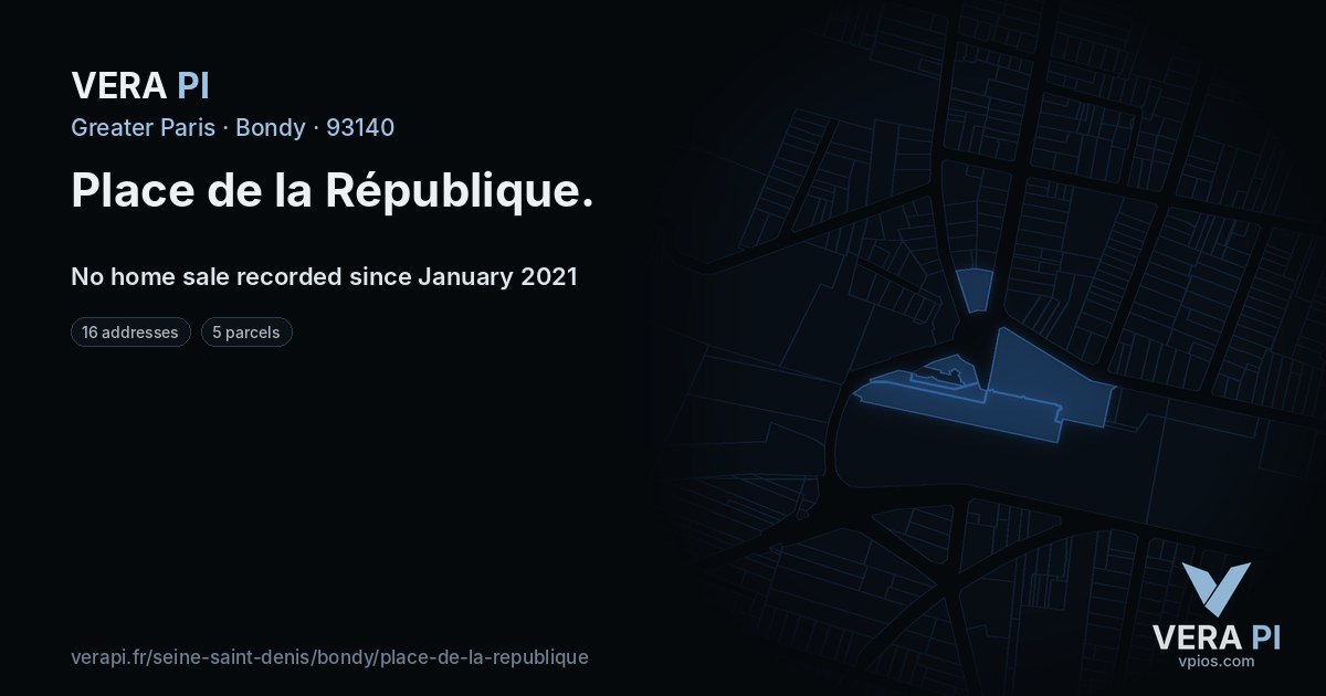 Place de la République, Bondy at night – every parcel coloured by the prices around it, the street's own parcels lit