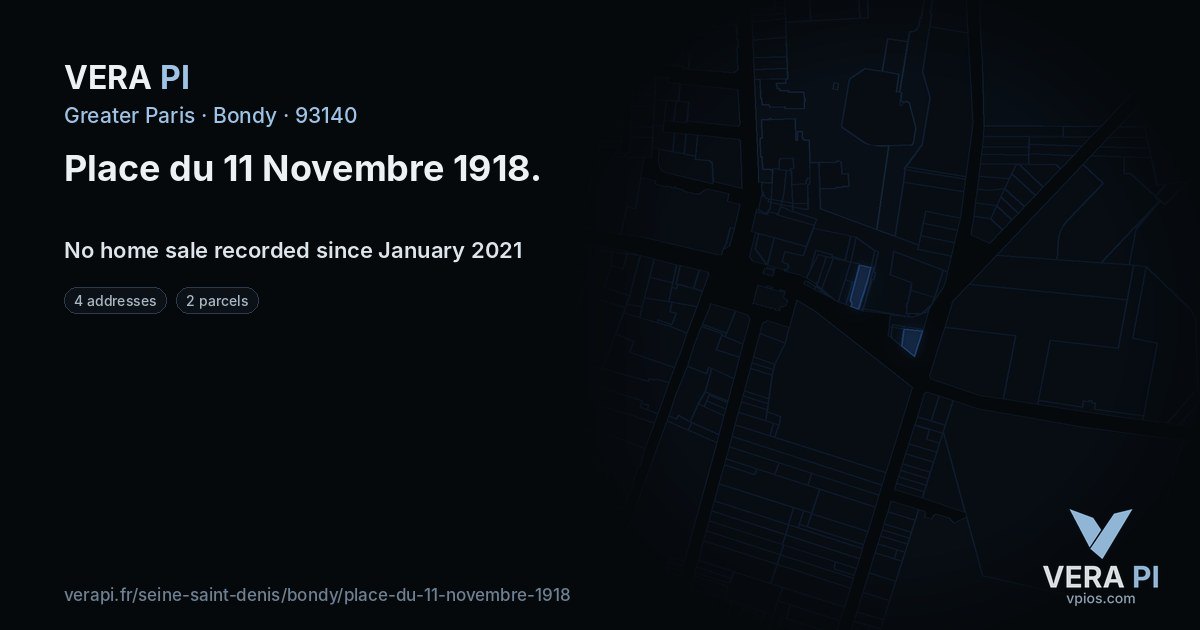 Place du 11 Novembre 1918, Bondy at night – every parcel coloured by the prices around it, the street's own parcels lit