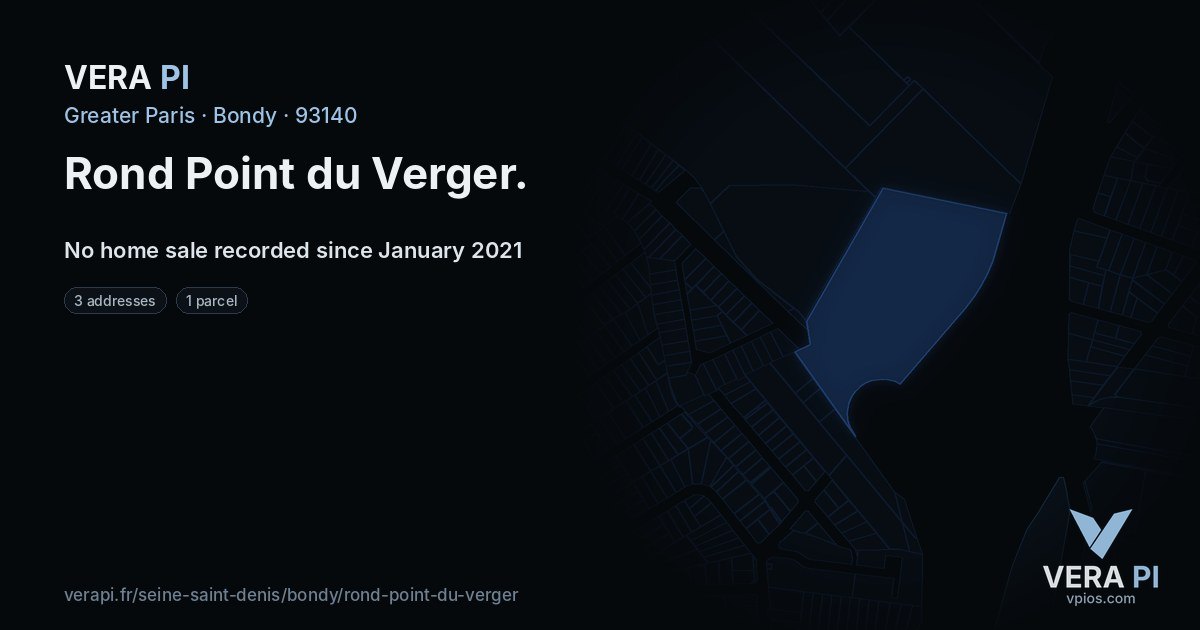 Rond Point du Verger, Bondy at night – every parcel coloured by the prices around it, the street's own parcels lit