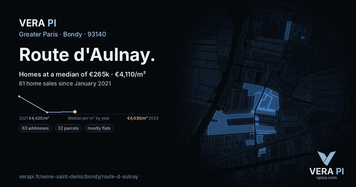 Route d'Aulnay, Bondy at night – every parcel coloured by the prices around it, the street's own parcels lit