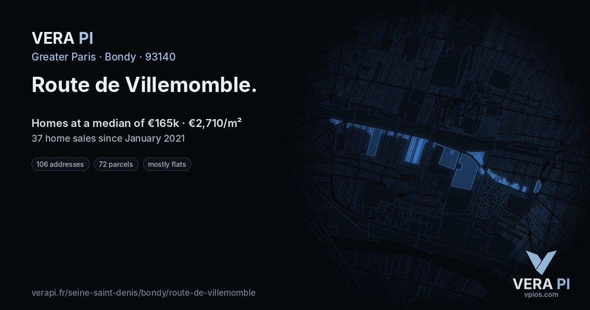 Route de Villemomble, Bondy at night – every parcel coloured by the prices around it, the street's own parcels lit