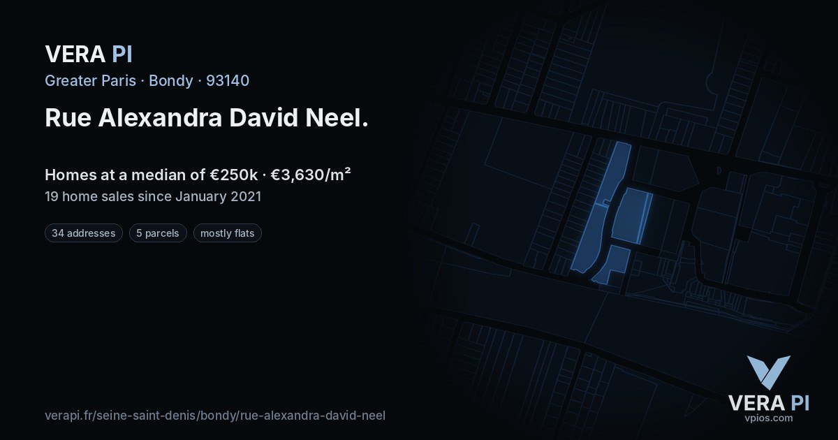 Rue Alexandra David Neel, Bondy at night – every parcel coloured by the prices around it, the street's own parcels lit