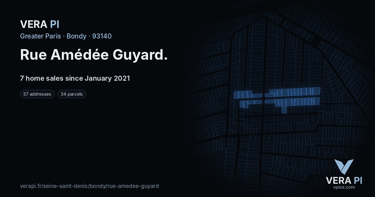 Rue Amédée Guyard, Bondy at night – every parcel coloured by the prices around it, the street's own parcels lit