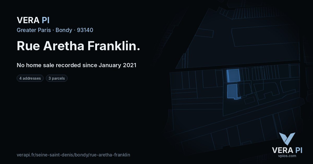 Rue Aretha Franklin, Bondy at night – every parcel coloured by the prices around it, the street's own parcels lit