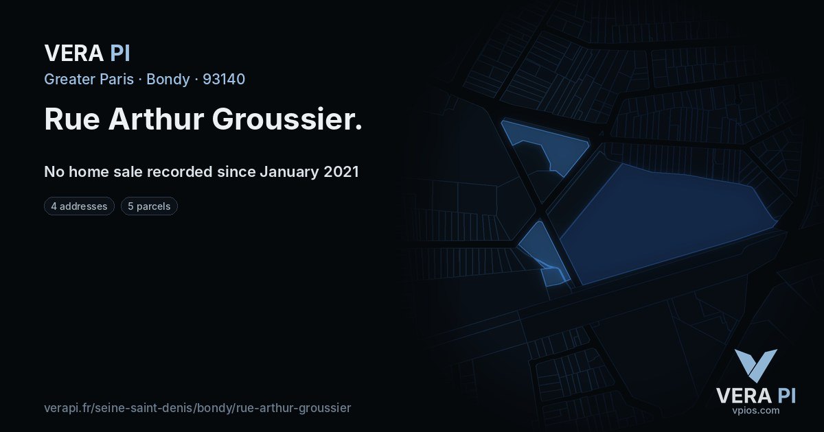 Rue Arthur Groussier, Bondy at night – every parcel coloured by the prices around it, the street's own parcels lit