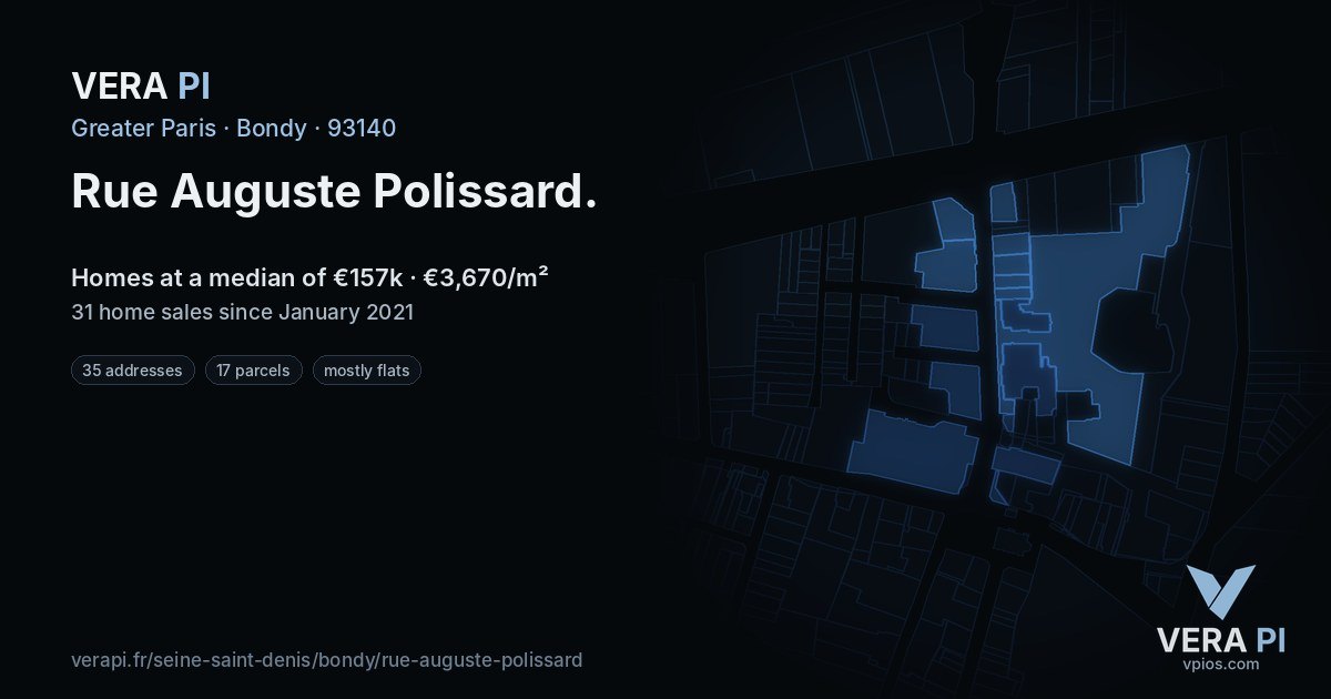 Rue Auguste Polissard, Bondy at night – every parcel coloured by the prices around it, the street's own parcels lit