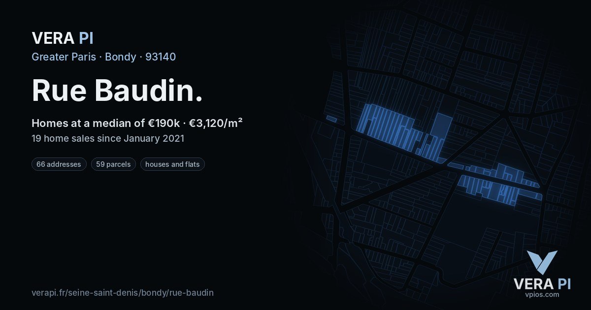 Rue Baudin, Bondy at night – every parcel coloured by the prices around it, the street's own parcels lit