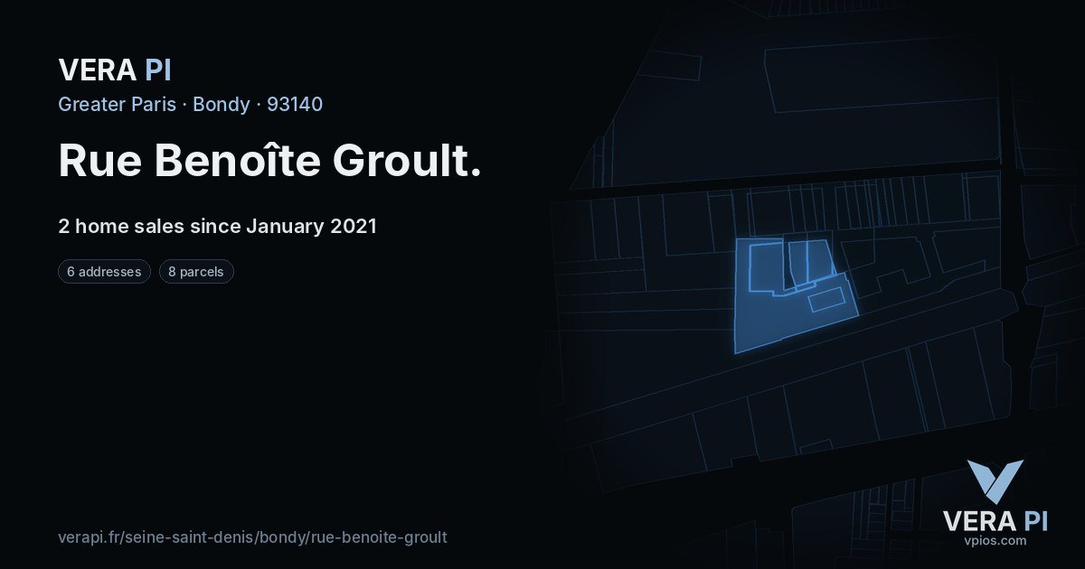 Rue Benoîte Groult, Bondy at night – every parcel coloured by the prices around it, the street's own parcels lit